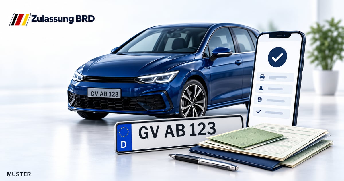Online Fahrzeugzulassung in Jüchen: Musterkennzeichen GV AB 123, Auto und Fahrzeugpapiere und Smartphone. Illustration mit Logo von Zulassung BRD.